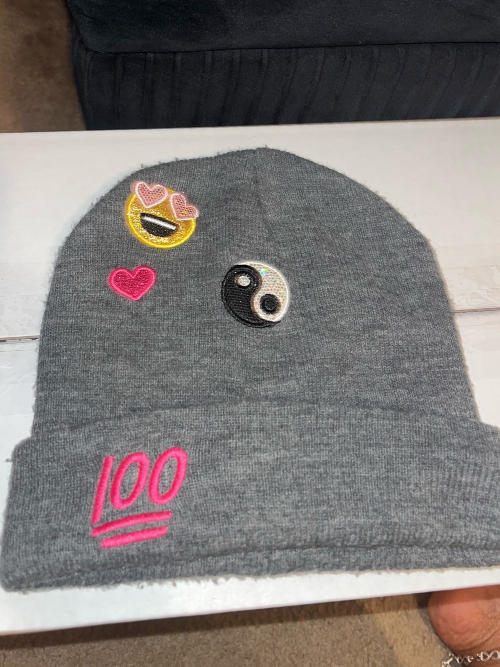 Gray Kids Womans Beanie with Emoji Patches - Brand: